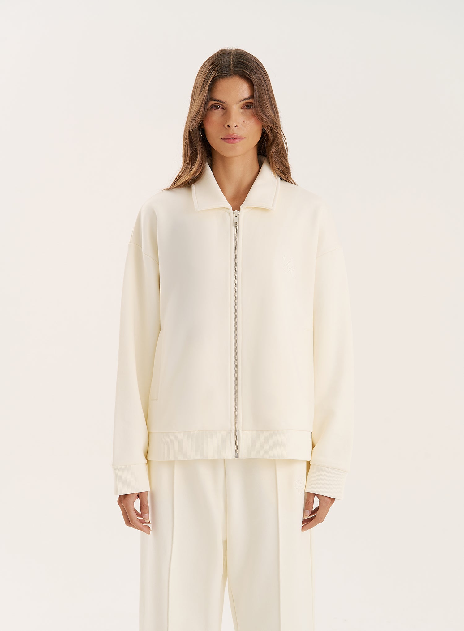 Ecru Logo Detail Zip Bomber Jacket